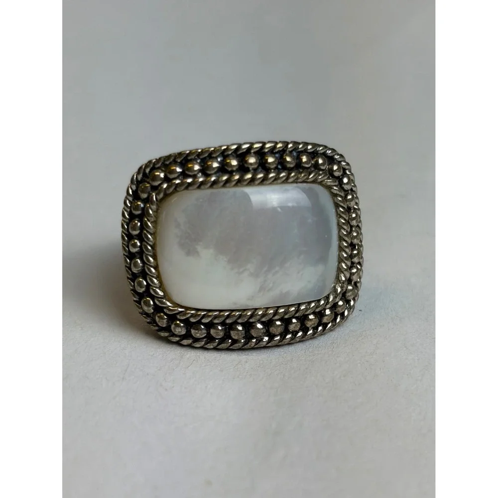 Vintage Mother of Pearl Ring 6 Silver 925 Sterling Statement Braided Border Wide